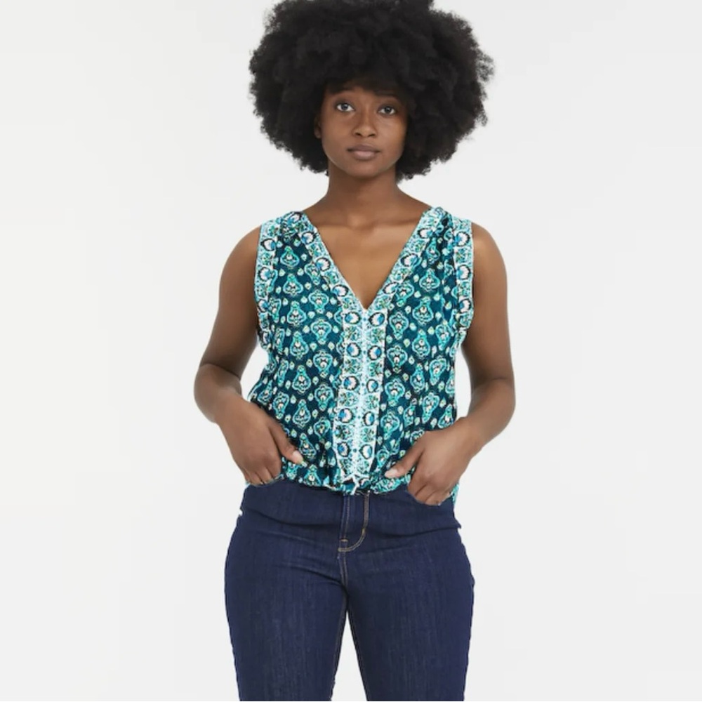 LOFT Teal Paisley Print V-Neck Tie-Waist Camisole - Picture 3 of 11
